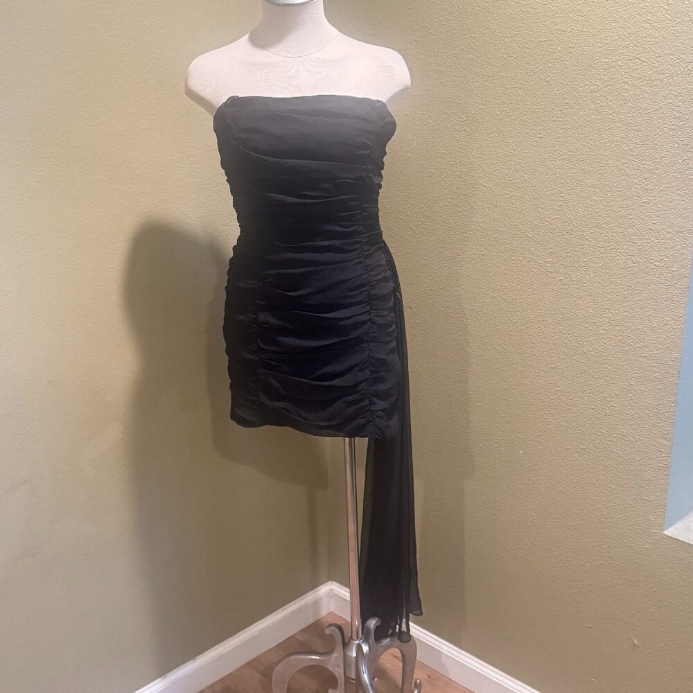 Lulus Black Strapless Ruched Mini Dress w/ Sheer Overlay | NWOT | M